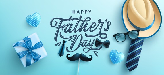 father's day poster or banner template with hat,necktie and gift box on blue background.greetings and presents for father's day in flat lay styling.promotion and shopping template for love dad