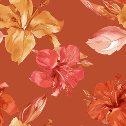 hibiscus flowers, buds and leaves watercolor on red brown background seamless pattern for all prints. floral pattern.