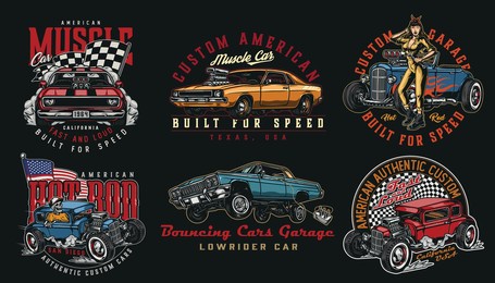 custom cars vintage colorful badges with muscle and lowrider cars skeleton driving hot rod checkered race and american flags pretty winking woman with spanner isolated vector illustration