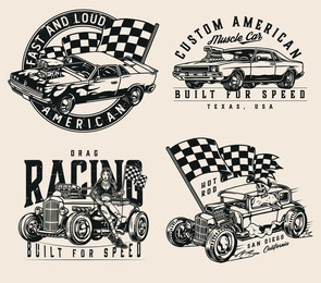 vintage monochrome custom cars prints with american muscle cars beautiful tattooed woman holding checkered race flag skeleton in baseball cap driving hot rod isolated vector illustration