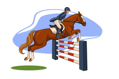 horseback riding. show jumping. a woman in a competition jumps on a horse over an obstacle. cartoon style. vector illustration for books, logo design, postcards.