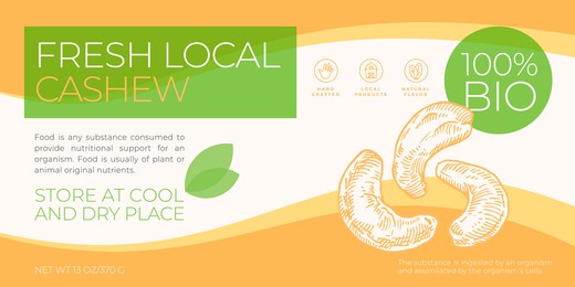 fresh local nuts label template. abstract vector packaging horizontal design layout. modern typography banner with hand drawn cashew sketch silhouette background. isolated.