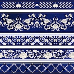 seamless vector set of five borders. ornament in chinese style. elegant floral design.  imitation of chinese porcelain painting. blue watercolor background. hand drawing. 