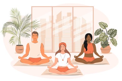 group of different people do yoga and meditates  in gym. concept of yoga school, health care and sport, stress relief, physical and mental health. illustration in flat style