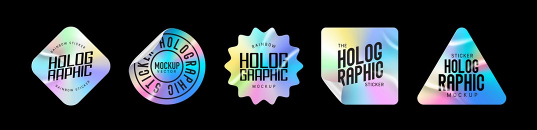 holographic stickers. hologram labels of different shapes. sticker shapes for design mockups. holographic textured stickers for preview tags, labels. vector illustration