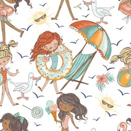 seamless pattern with cute girls relaxing on the beach. 