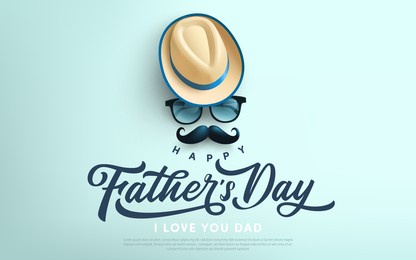 father's day poster or banner template with symbol of dad from hat,glasses and mustache.greetings and presents for father's day in flat lay styling.promotion and shopping template for love dad