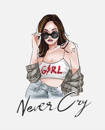 never cry slogan with hand drawn girl in sunglasses vector illustration