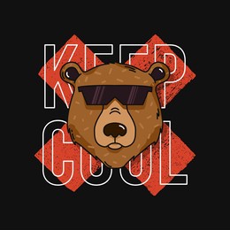 t-shirt design with bear in sunglasses and slogan - keep cool. typography graphics for tee shirt. vector illustration.