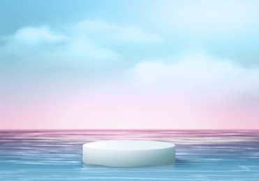 3d summer background product display podium scene with cloud platform. summer background vector 3d render on ocean, podium display in sea. stand show cosmetic product display blue sky