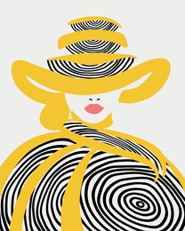 portrait of a girl in a hat and coat. the colors are yellow and black. red lips. minimalist style, round linear abstraction. modern portrait, t-shirt print, postcards, posters, fashion, design.