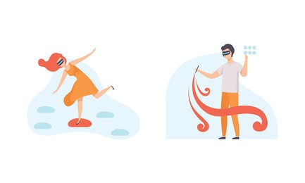 people using virtual reality technologies set, male and female characters painting and doing sports wearing vr glasses flat vector illustration
