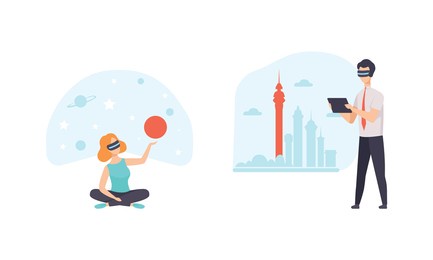 people using virtual reality technologies set, male and female characters traveling wearing vr glasses flat vector illustration