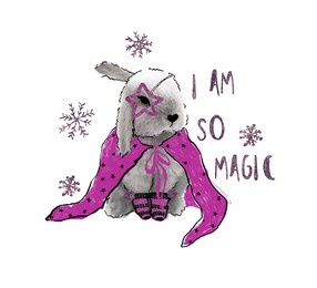 cute magic bunny. childish print for fabric, t-shirt, poster, card, baby shower. rabbit illustration with snowflakes, shiny star, glitter print and text