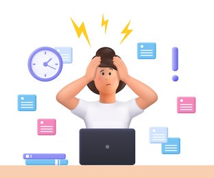 stressed young woman jane failed to meet deadline. deadline pressure, stressful job.3d vector people character illustration.