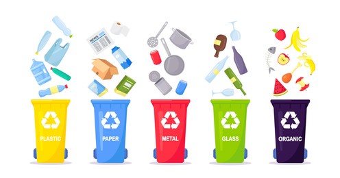 waste collection, segregation and recycling. garbage separated into different types and collected into waste containers. each bin for different material. vector illustration