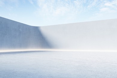 blank open air presentation stage with glowing light between fence and floor and blue sky on background. 3d rendering, mock up