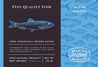 premium quality ocean sprats abstract vector packaging design or label. modern typography and hand drawn sketch fish pattern background seafood layout.