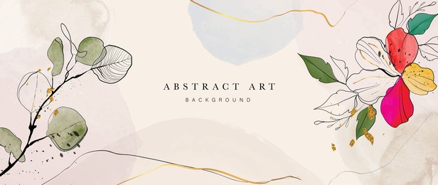abstract art background vector. luxury minimal style wallpaper with golden line art flower and botanical leaves, organic shapes, watercolor. vector background for banner, poster, web and packaging.