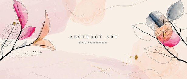 abstract art background vector. luxury minimal style wallpaper with golden line art flower and botanical leaves, organic shapes, watercolor. vector background for banner, poster, web and packaging.