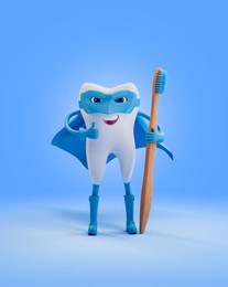 tooth as super hero with  wooden toothbrush. render 3d illustration