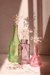 minimalistic interior decor in pastel colors. play of shadows and sunlight. modern still life with a glass vases and decorative gypsophila flowers on beige.	