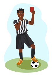 whistling african american soccer referee showing stopping hand during match, human character vector illustration. sport cartoon, football arbitrator, whistle icon soccer judge, football coach