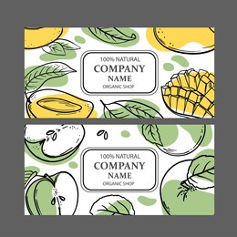 mango green apple labels design of stickers for shop of tropical organic natural fresh juicy fruits and dessert drinks in sketch style vector illustration set