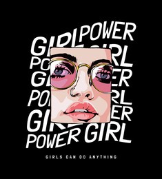 comic cartoon girl face in sunglasses and nose piercing illustration on girl power slogan background