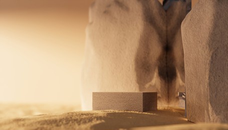 stone podium with rock and sand for product promotion and cosmetics display, sunshade on the desert scene, natural beauty pedestal, and minimal copy space banner. realistic rendering. 3d illustration.