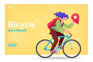 woman with backpacks traveling on bikes. modern design for travel, active lifestyle. courier riding bike and checking address on phone. cycle ride touring vector illustration