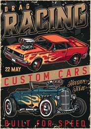 custom cars racing vintage colorful poster with powerful american muscle and hot rod cars with flame decals vector illustration