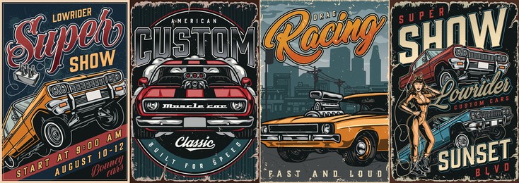 custom cars vintage colorful posters with lowrider and muscle american cars attractive winking woman in mechanic uniform vector illustration