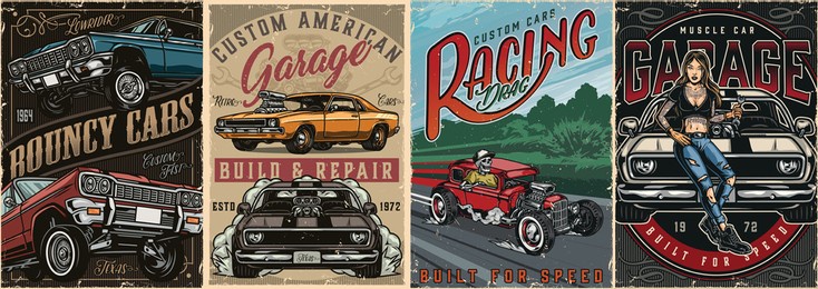 colorful custom cars vintage posters with lowrider and muscle cars skeleton in baseball cap driving hot rod pretty tattooed woman holding spanner vector illustration