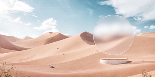 unusual design concept. 3d illustration of an blank frosty glass in the middle of the desert. abstract minimal concept mockup. commercial advertizing concept.
