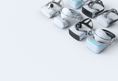 top view virtual reality glasses for online and cloud gaming on white background. 3d rendering of device for virtual design in augmented reality or virtual gaming in vr