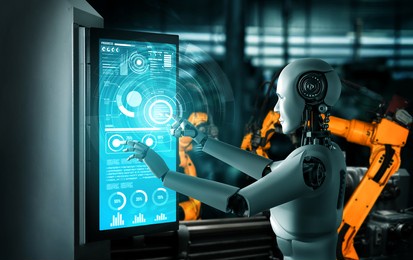 mechanized industry robot and robotic arms for assembly in factory production . concept of artificial intelligence for industrial revolution and automation manufacturing process .