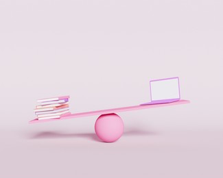 scale with books on one side and a laptop on the other side with more weight on the books. 3d render