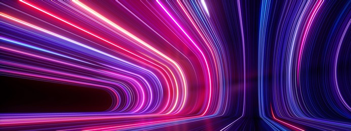 3d render, abstract panoramic neon background. bright purple violet pink lines glowing in ultraviolet light