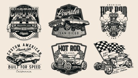 retro custom cars vintage monochrome emblems with turbo engine racing checkered flag skeleton driving hot rod powerful muscle and lowrider cars on light background isolated vector illustration