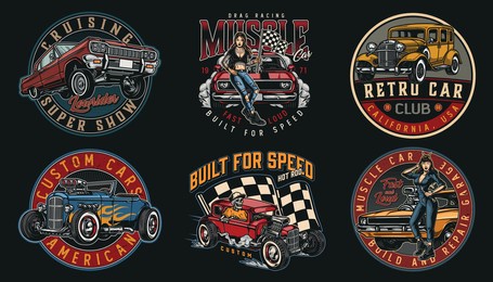 custom cars vintage logos with classic retro lowrider muscle cars skeleton driving hot rod pretty woman with spanner and beautiful girl holding checkered race flag isolated vector illustration