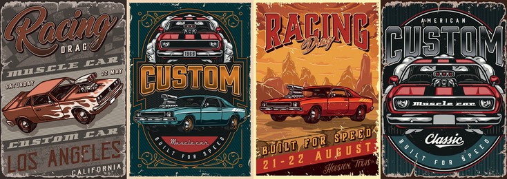 muscle cars vintage colorful posters with inscriptions and powerful american cars vector illustration
