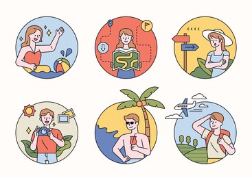 character design on vacation inside a circle. people swimming, drinking cocktails on the beach, going abroad, looking at maps, finding directions and taking pictures. flat design vector illustration.