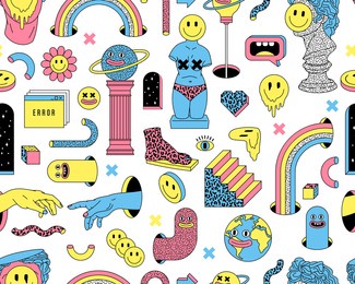 surreal seamless pattern with sculpture, emoji, rainbow, arch, space, stairs etc. vector background in trendy psychedelic weird cartoon style.