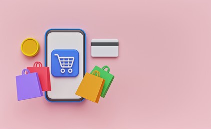 online shopping with smartphone, shopping bags, credit card, coin. minimal background with copy space. 3d rendering