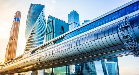 view of futuristic skyscrapers in business center