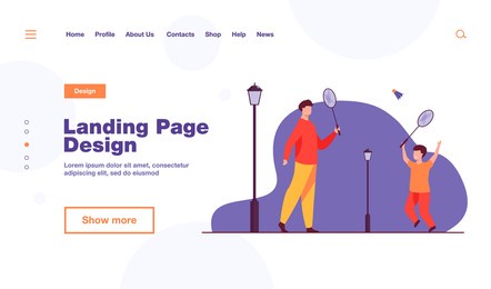 dad and son playing badminton in autumn park. bench, fun, fall flat vector illustration. weekend and sport game concept for banner, website design or landing web page