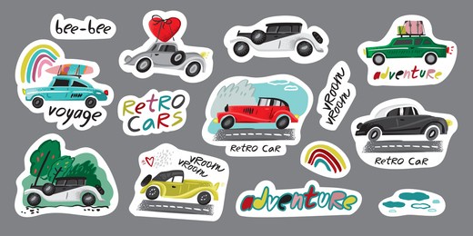 set of decorative stickers with retro car with inscriptions. collection of vintage transport symbols for decoration, cards, posters. positive colorful phrases for notebook. cartoon vector illustration