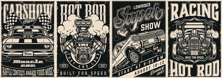 vintage monochrome custom cars posters with inscriptions lowrider muscle and hot rod cars racing checkered flags and turbo engine vector illustration