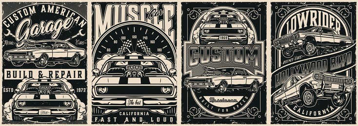 american custom cars vintage posters with letterings powerful muscle and lowrider cars spanners racing checkered flag and big speedometer in monochrome style vector illustration